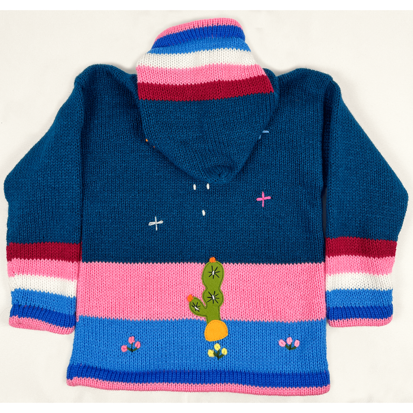 Blue and Pink Hand Knit Children's Sweater with Cactus - back