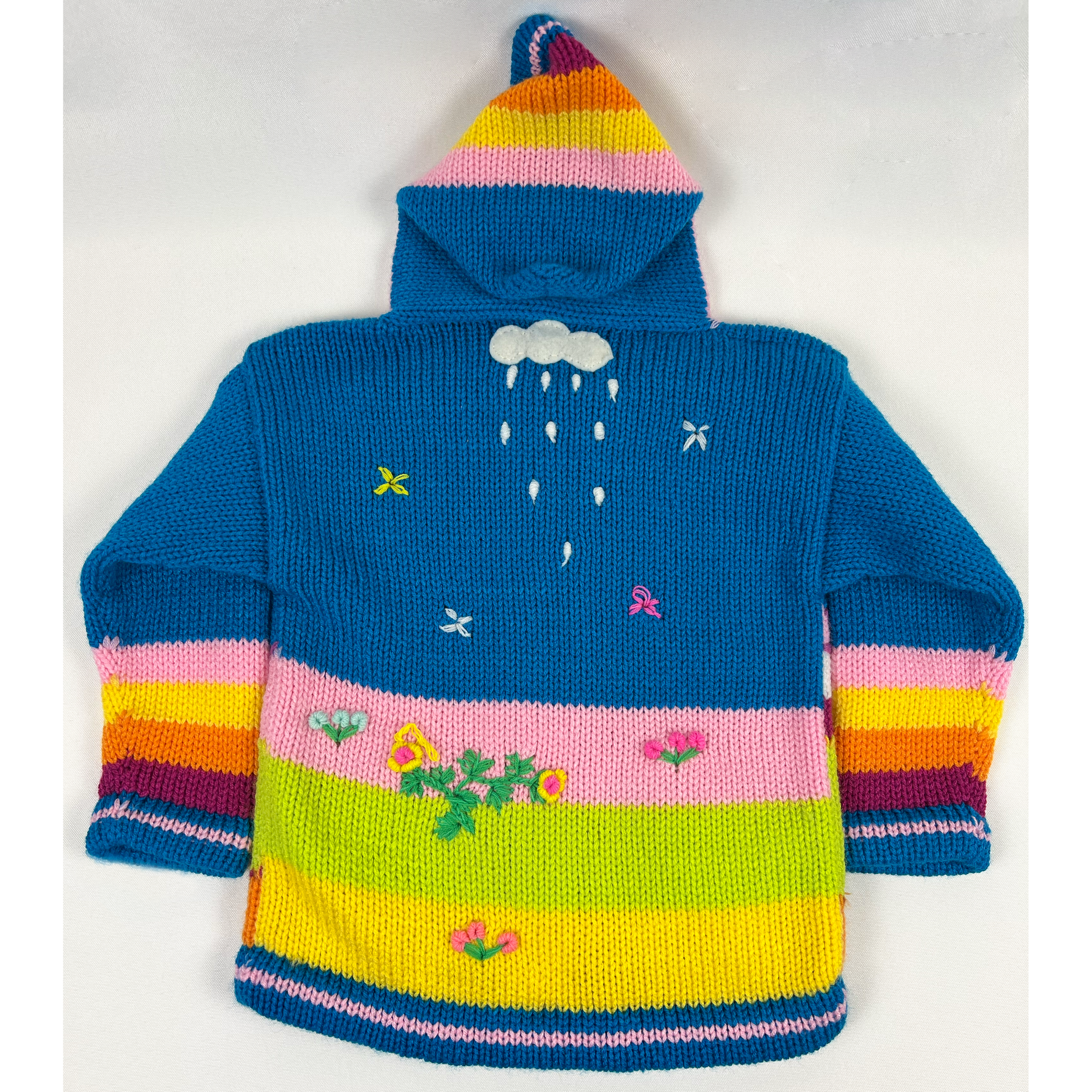 Blue, Pink and Yellow Hand Knit Children's Sweater with Flowers - back