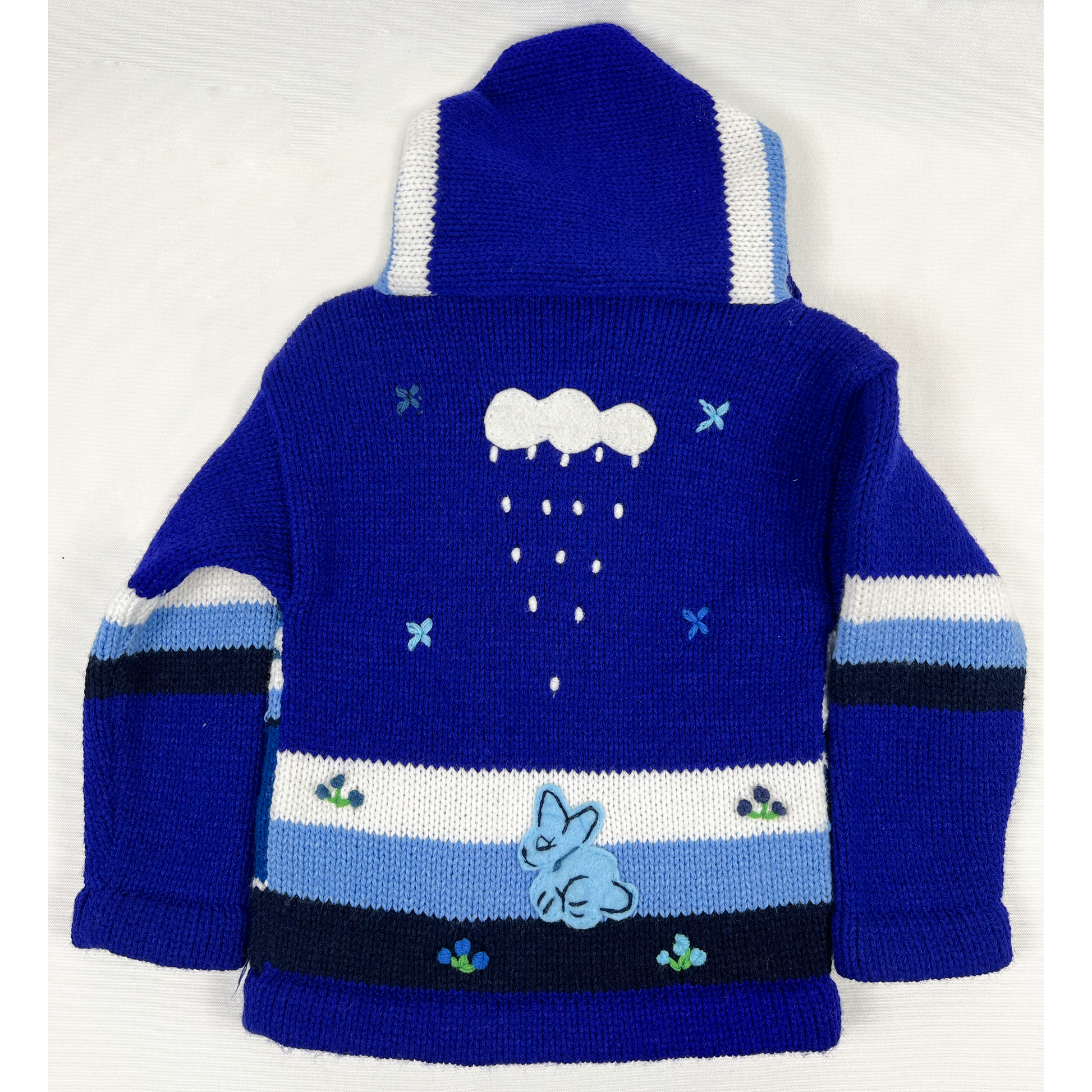 Blue Hand Knit Children's Sweater with Bunny - back