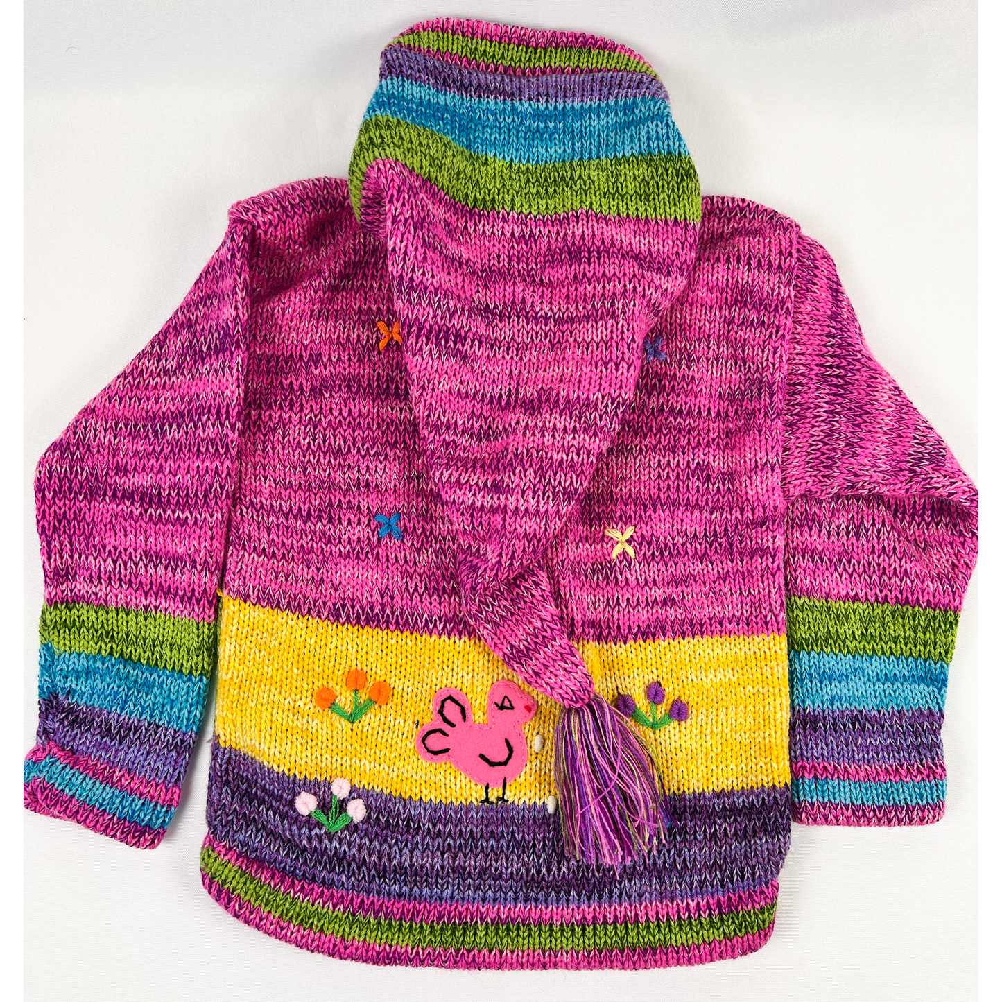 Pink Hand Knit Children's Sweater with Bird - hoodie