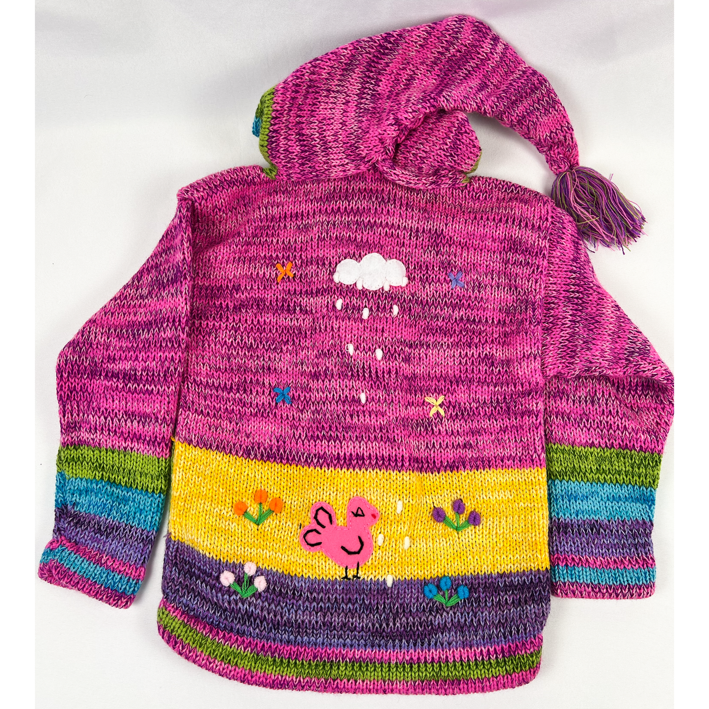 Pink Hand Knit Children's Sweater with Bird - back